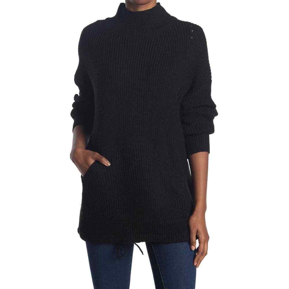 RDI Sweater Tunic Front-Pocket Thick Knit Mock Neck Long Sleeve in Black